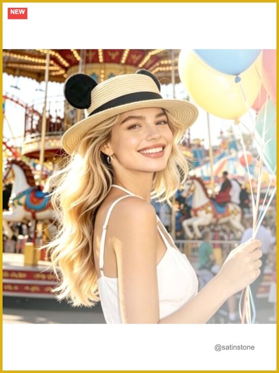 Woven Straw Boater Hat with Mouse Ears, Lightweight Breathable Sun Hat for